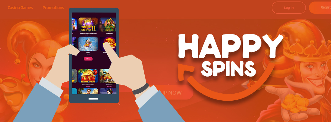 Play via Mobile at HappySpins banner