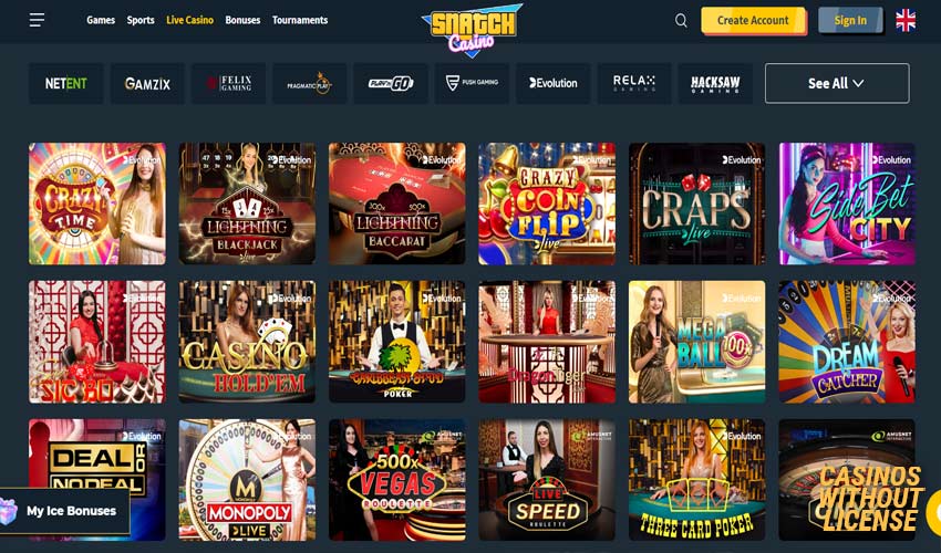 live casino games at snatch casino