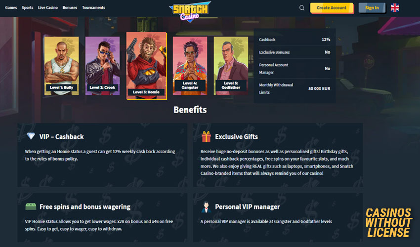 VIP program at snatch casino