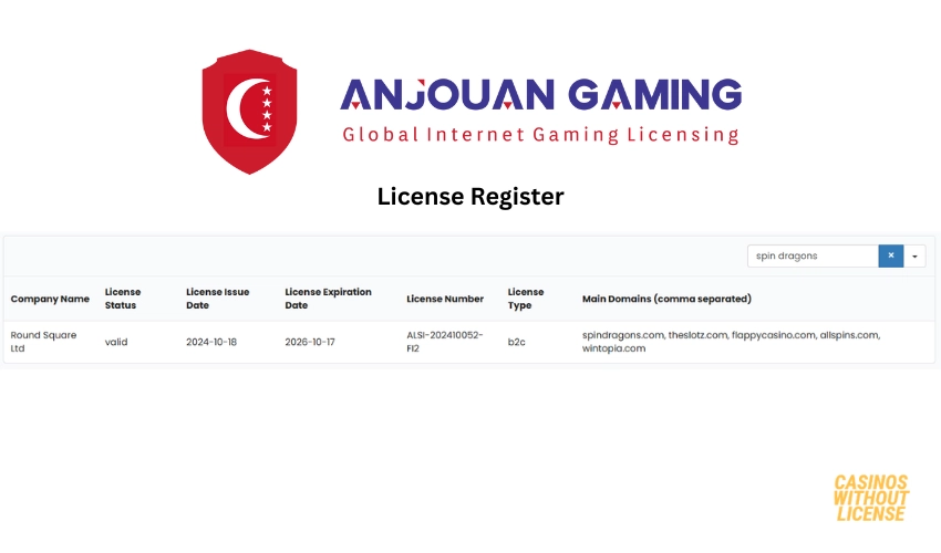 Screenshot showing the validity of license for Spin Dragons Casino