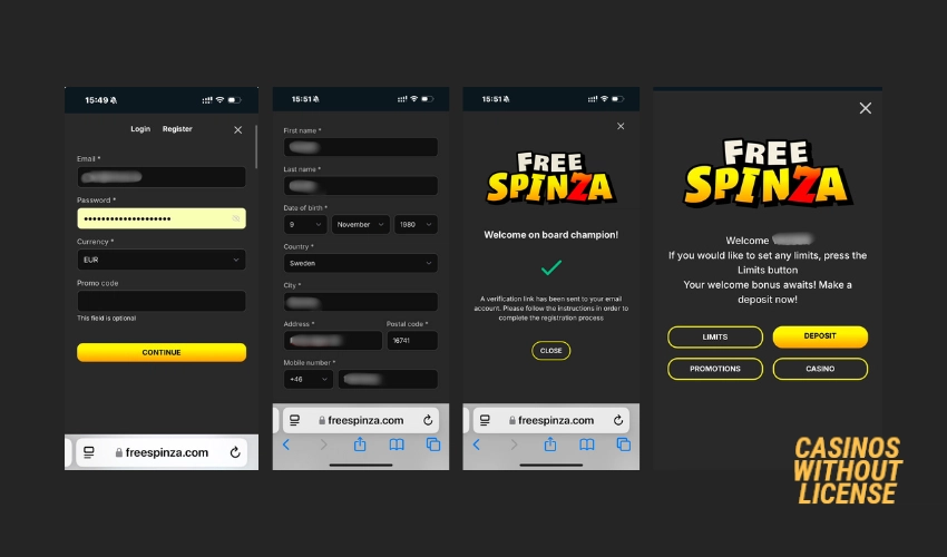 Freespinza Casino sign up process