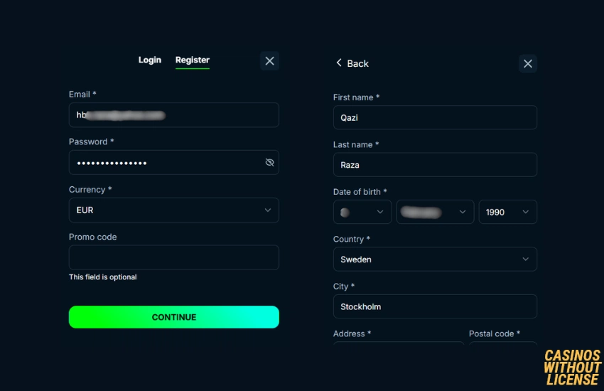 Screenshots of signup at Go4Casino