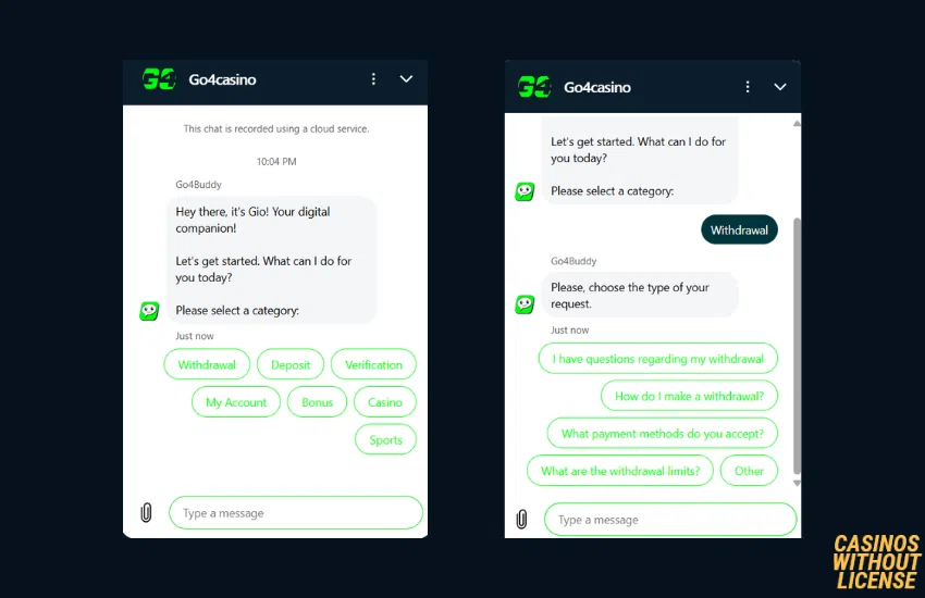 screenshots of live chat bot at Go4Casino